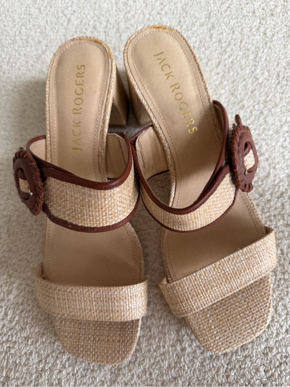 Jack Rogers Cream Raffia Slide Mules with Brown Trim